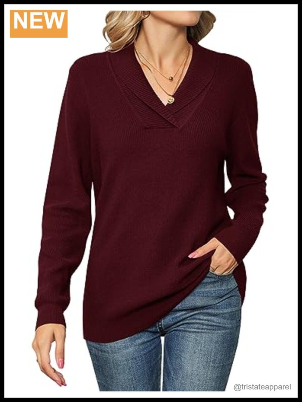 Women's V Neck Long Sleeve Pullover Collared Knit Sweater